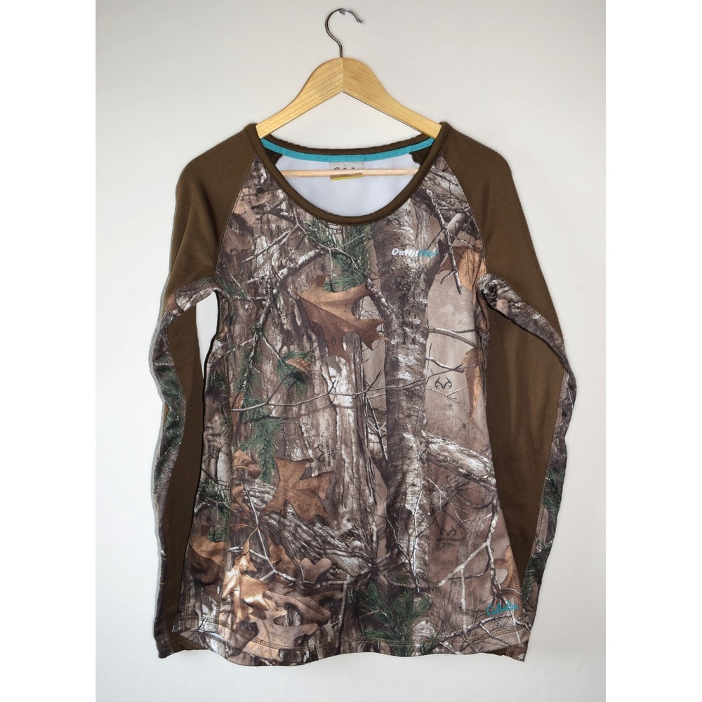 Cabela's OutfitHer Top Women M Brown Realtree Xtra Camo Raglan Long Sleeve EX